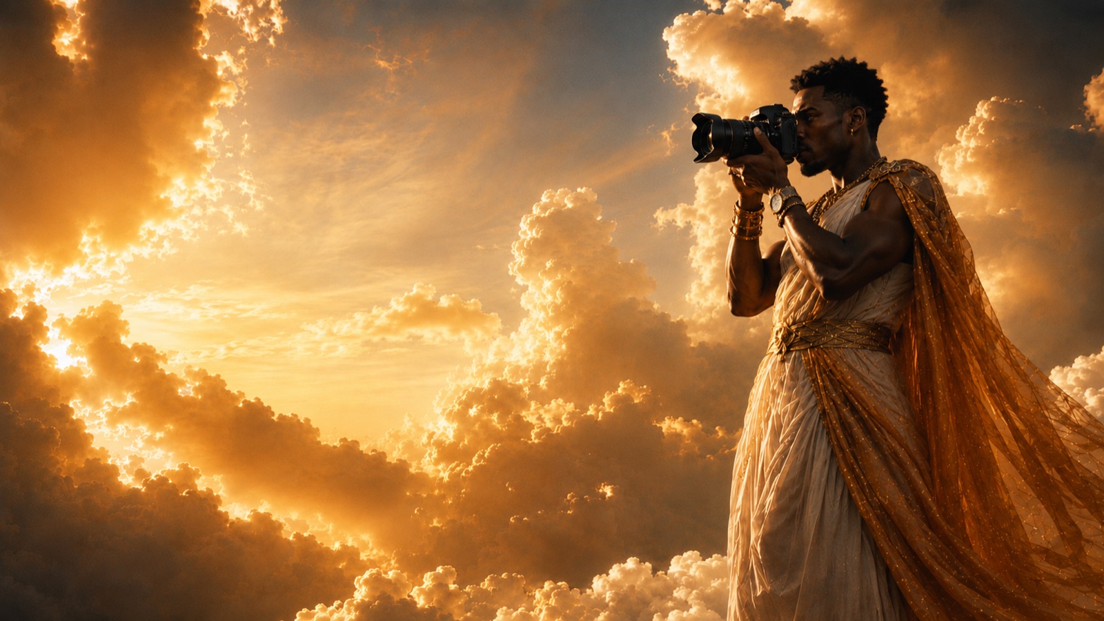 Un photographe professionnel afro-descendant, drapé de doré, capture une scène dans un ciel de nuages ambrés.