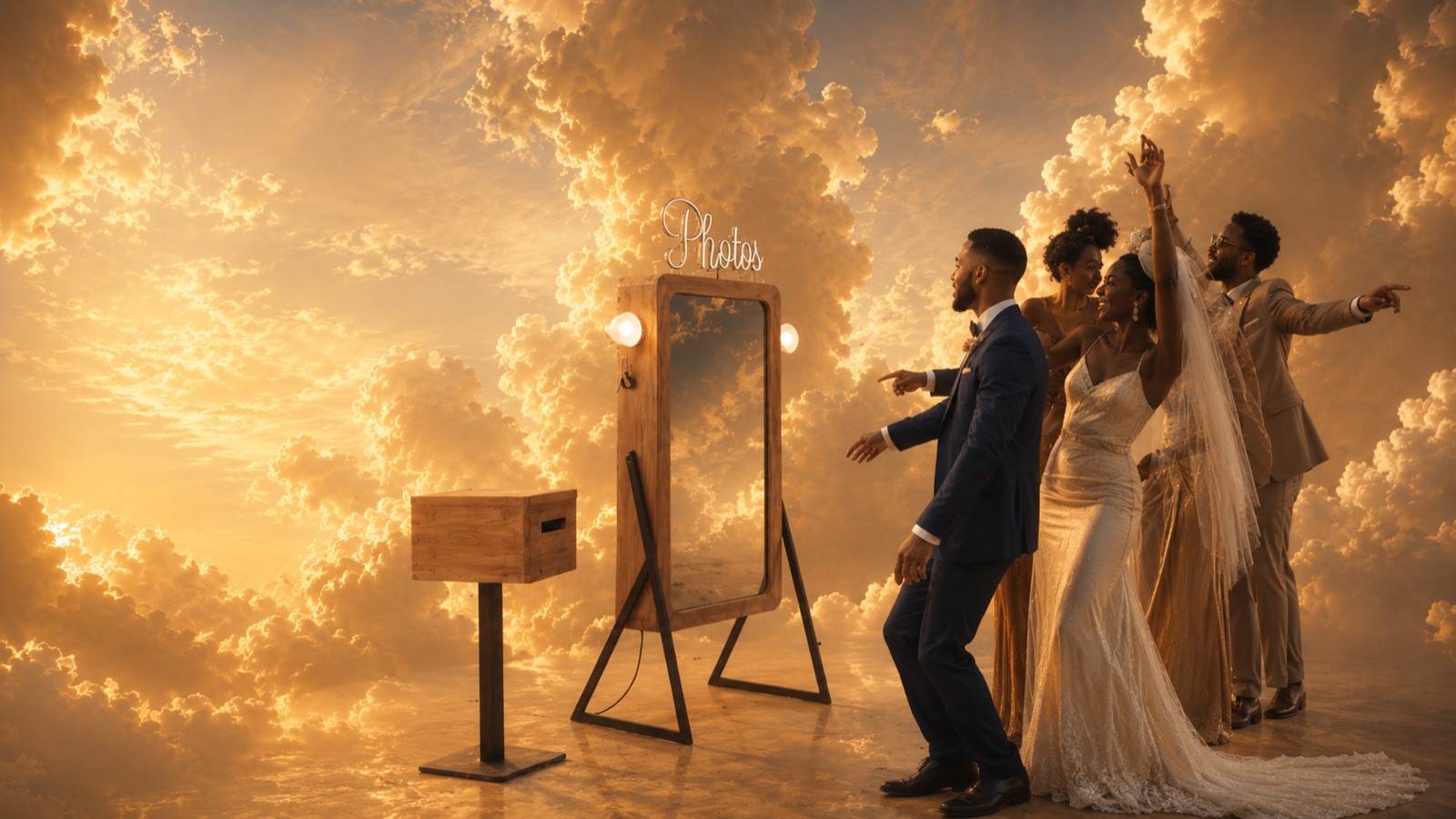 Photobooth miroir Kadō : un cortège de mariage prend la pose devant la borne photo, dans un décor de nuages dorés.